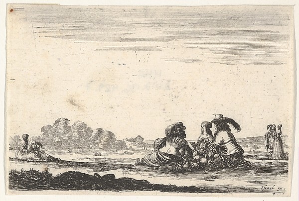 Plate 7: Two noblemen seated in center, seen from behind, conversing with a noblewoman seated between them, a noblewoman and man seated to left in background and standing to right in background, from "Various Figures" (Agréable diversité de figures)