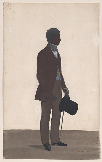 A young man, standing; full length silhouette, profile to right